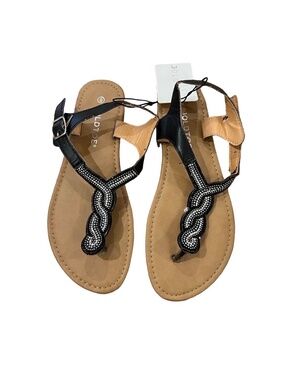 Gold Toe Rhinestone T-Strap Thong Sandals Black Flat Women's NWT